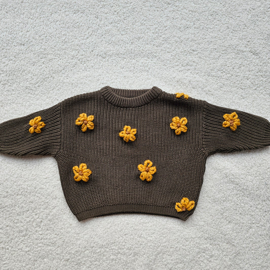Kaki sweater /bloemen oker 3M/6M
