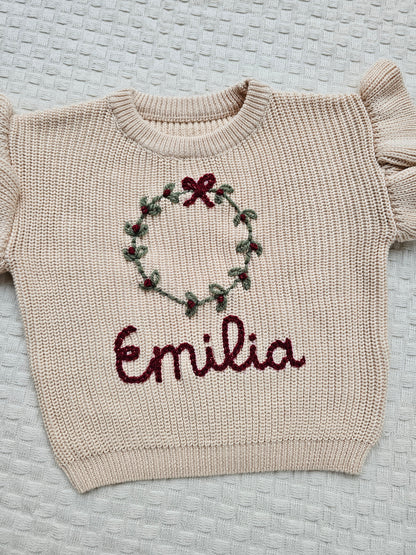 Kersttrui krans franjes beige