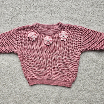 Roze sweater/3bloemen 6M/12M