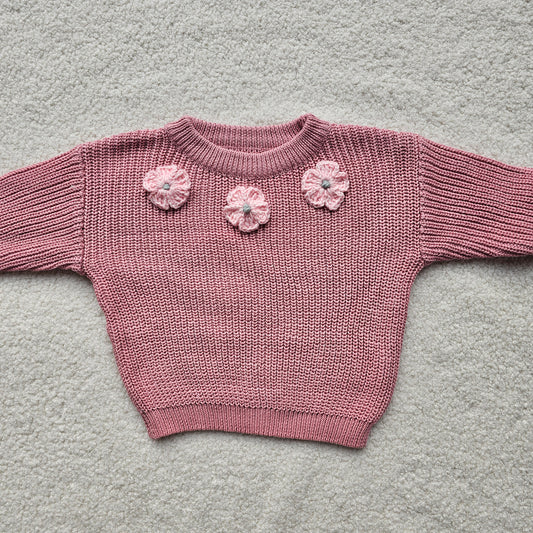 Roze sweater/3bloemen 6M/12M