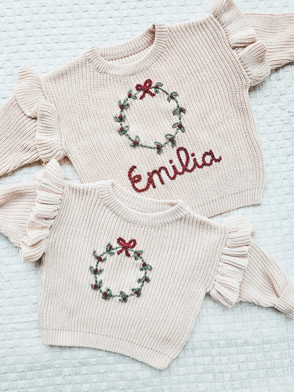 Kersttrui krans franjes beige