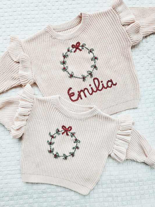 Kersttrui krans franjes beige