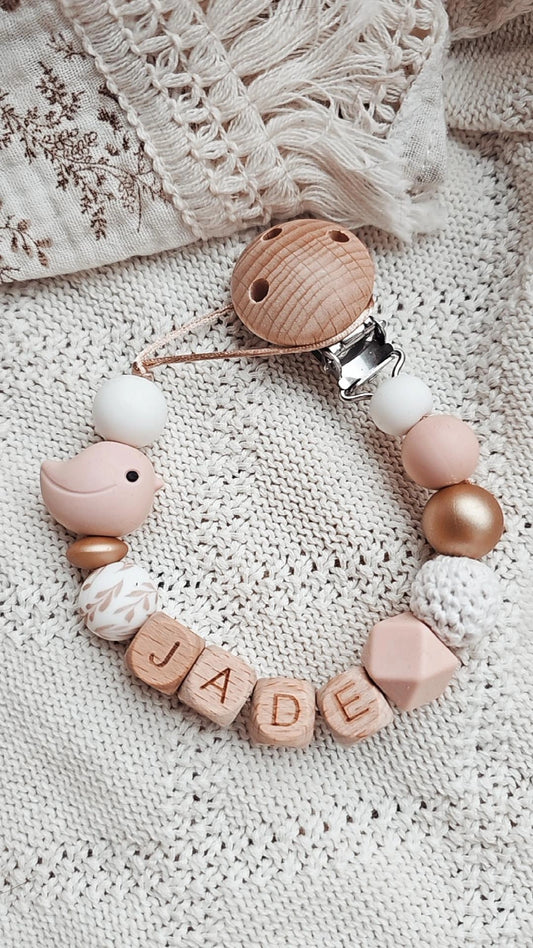 Speenkoord met naam Vogel/goud